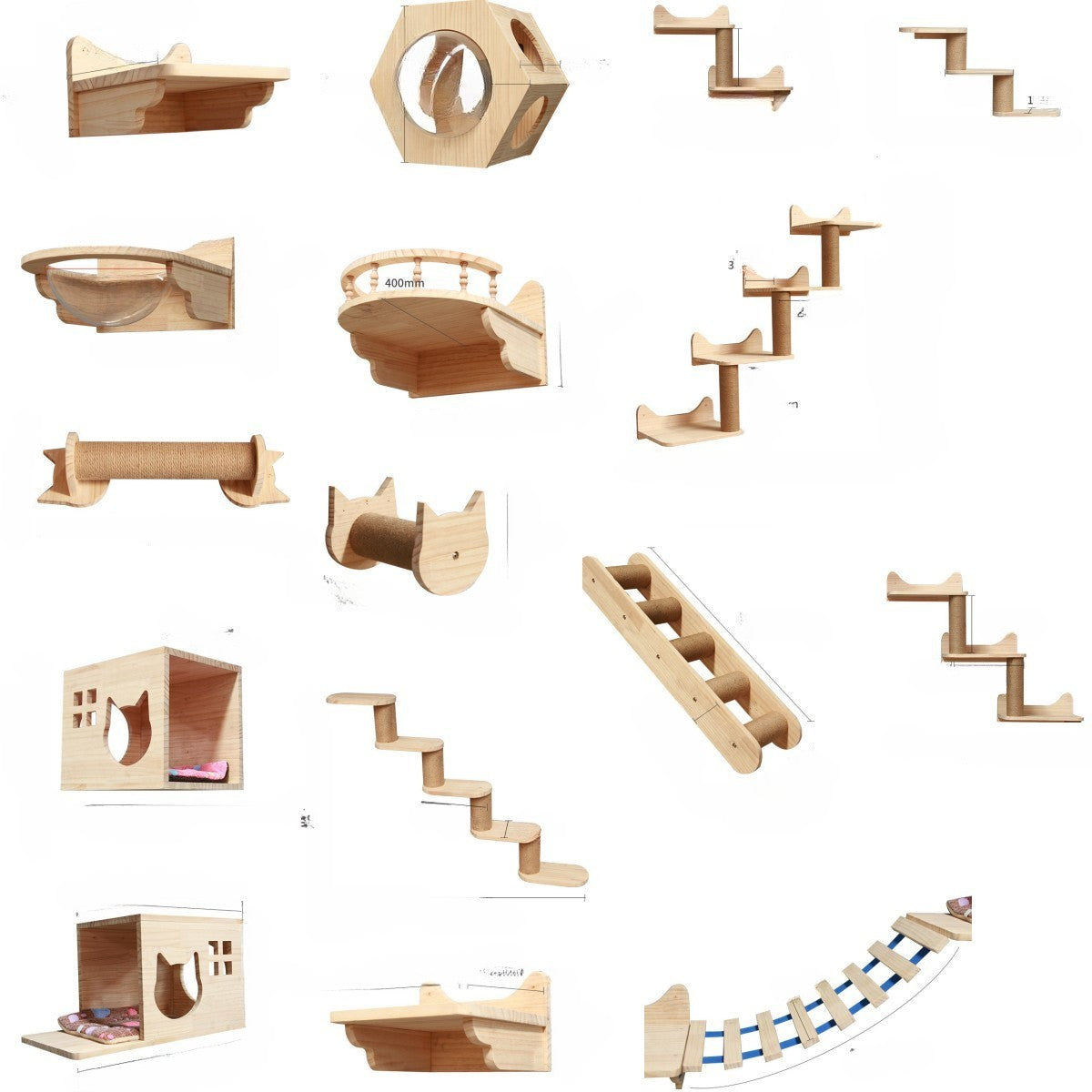 Muurklimrek voor katten met hangplatform en ladder