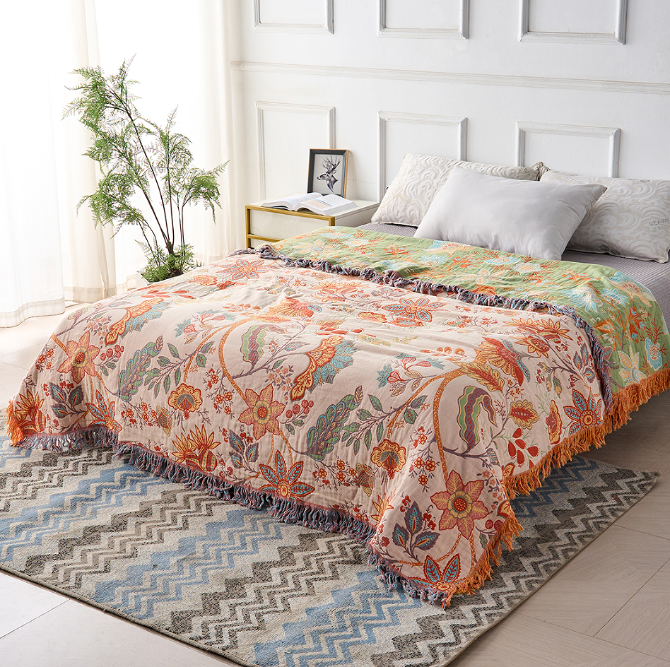 Boho Koc w Kwiatowe Wzory z Frędzlami 