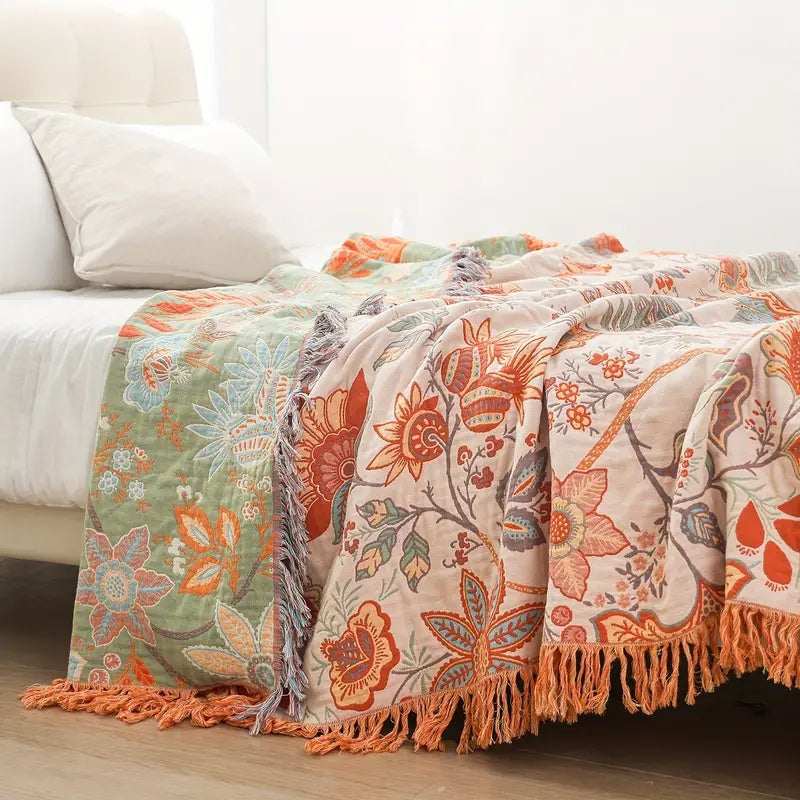Boho Koc w Kwiatowe Wzory z Frędzlami 