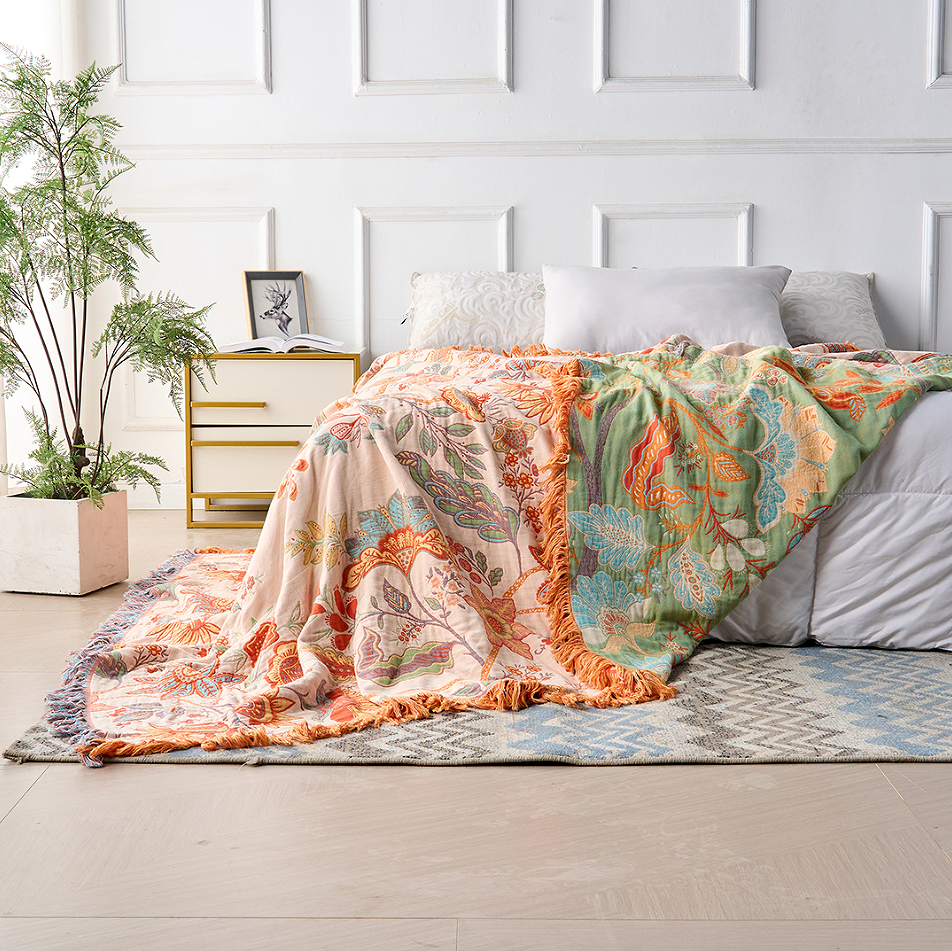 Boho Koc w Kwiatowe Wzory z Frędzlami 